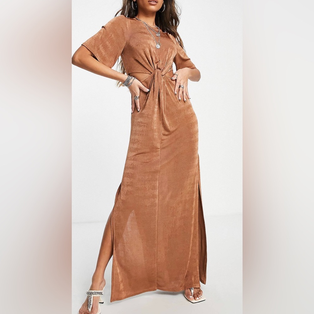 Topshop slinky jersey cut out twist maxi dress in mocha